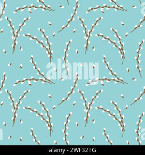 Vector image features repeating pattern of stylized willow branch on blue backdrop, suggestive of fresh springtime theme. Stock Vector