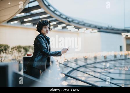 Elegant young businesswoman checking her smart phone at twilight. City lights and modern architecture create an urban backdrop. Stock Photo