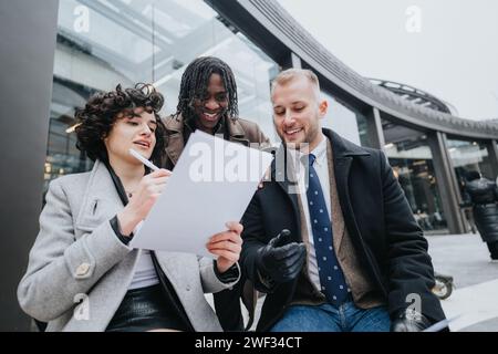 A multiethnic team of three professionals having a business discussion outside a modern building, with documents and an e-scooter nearby. Stock Photo