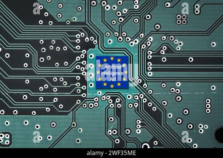 Flag of European Union on a microprocessor, CPU or GPU microchip on a motherboard. AI Act Stock Photo