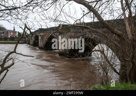 Around the UK - Penwortham Old Bridge with high water level Stock Photo