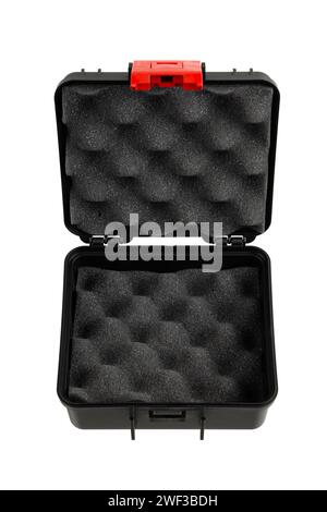 Black plastic container with foam inside for safe storage and transportation of fragile and expensive items. Sturdy plastic case. Isolate on a white b Stock Photo