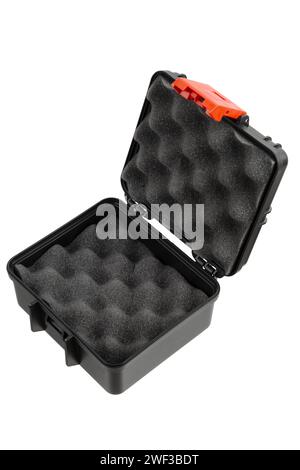 Black plastic container with foam inside for safe storage and transportation of fragile and expensive items. Sturdy plastic case. Isolate on a white b Stock Photo