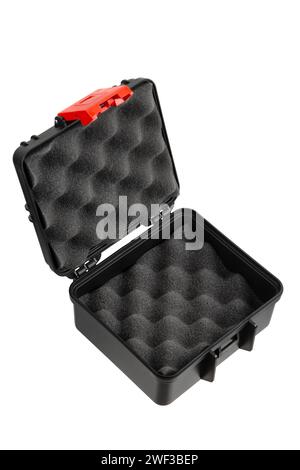 Black plastic container with foam inside for safe storage and transportation of fragile and expensive items. Sturdy plastic case. Isolate on a white b Stock Photo