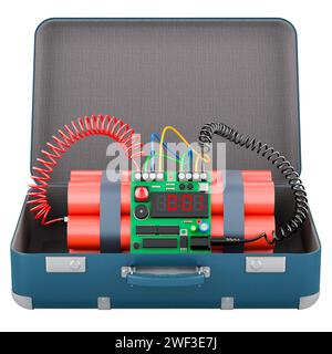 TNT bomb explosive inside suitcase, 3D rendering isolated on white background Stock Photo
