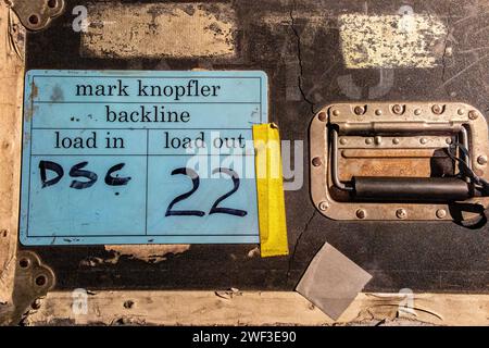 Well travelled flight cases belonging to Dire Strait's frontman Mark Knopfler, being sold for charity at auction along with 120 guitars. Stock Photo