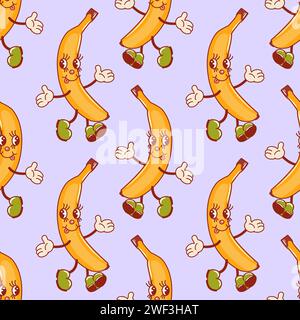 Banana, a cute retro cartoon character. Groovy vintage summer seamless pattern. Trendy old style. 1970s. Tropical exotic fruits. Healthy food. For men Stock Vector