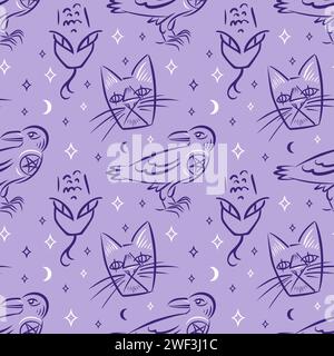 Familiar spirit, seamless pattern. Raven with witch symbol, star. Snake and black cat. Animals in abstract style. Hand drawn magician collection, Witc Stock Vector