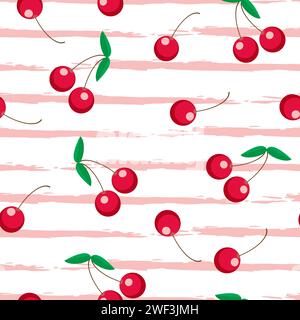 Vector seamless pattern with cherries and stripes. Summer fruit striped repeat pattern textile design, wallpaper, background. Stock Vector