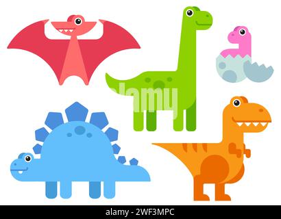 Cute cartoon dinosaurs set in simple minimal flat style and bright colors. Vector illustration. Stock Vector