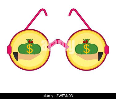Hand holds a money bag with a dollar sign. Gold coins and pink round glasses. Vector illustration. Stock Vector