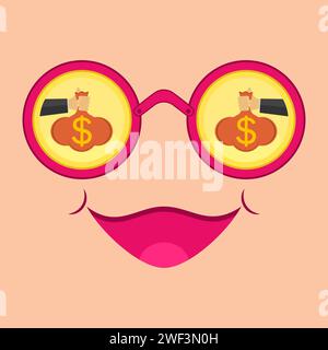 Hand holds a money bag with a dollar sign. Gold coins, pink round glasses and a face with a smile. Vector illustration. Stock Vector