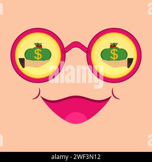 Hand holds a money bag with a dollar sign. Gold coins, pink round glasses and a face with a smile. Vector illustration. Stock Vector