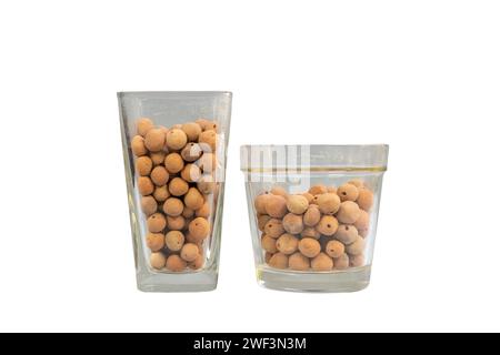 Leca clay balls in transparent vase and pot isolated on white background Stock Photo