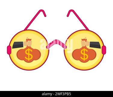 Hand holds a money bag with a dollar sign. Gold coins and pink round glasses. Vector illustration. Stock Vector