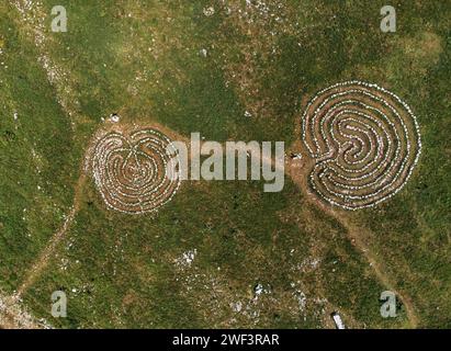 Directly above aerial view of Celestial Labyrinths stone mazes near Novi Vinodolski, Croatia Stock Photo