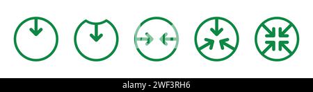 Reduce symbol icon set in green color. Reduce recycle compress symbol icon set. Transform, modify, convert, reuse icon set in green color. Stock Vector