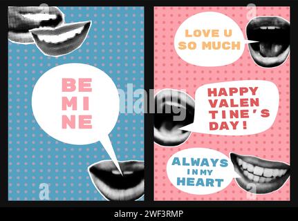Valentines day halftone collage posters set vector illustration Stock Vector