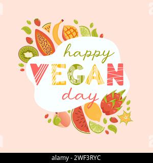 Happy vegan day. Banner in cartoon style. Fresh tropical fruits, harvesting. Tropical exotic fruits. Fresh lemon, lime wedges, watermelon, pitahaya dr Stock Vector