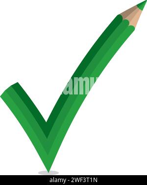 A motivational educational concept illustration of a green pencil shaped like a check mark, symbolizing the success and completion in learning Stock Vector