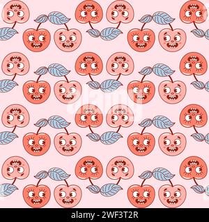 Cherry, a cute retro cartoon character. Groovy vintage summer seamless pattern. Trendy old style. 1970s. Couple in love, Valentines Day. fruits. Healt Stock Vector