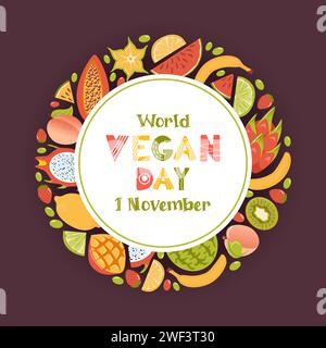 World vegan day. Banner in cartoon style. A wreath of fresh tropical exotic fruits, harvesting. Fresh lemon, lime wedges, watermelon, pitahaya dragon, Stock Vector
