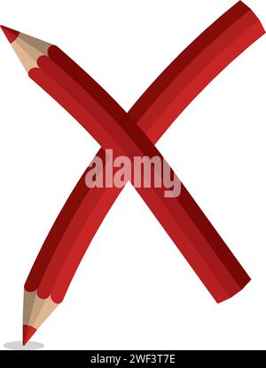 An educational concept illustration of two red pencils crossed to form an ‘X’, symbolizing the challenges and learning from errors in education Stock Vector