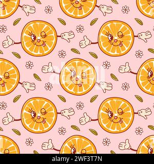 Orange a cute retro cartoon character. Groovy vintage summer seamless pattern. Trendy old style. 1970s. Tropical exotic fruits. Healthy food. For menu Stock Vector