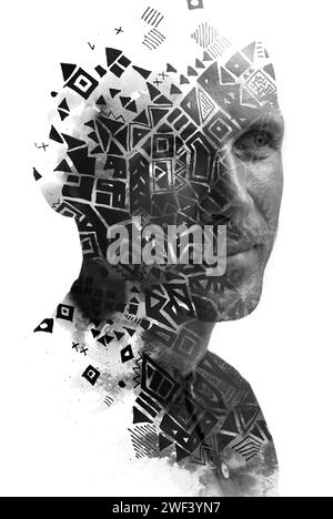 A graphical paintography double exposure male profile portrait Stock ...