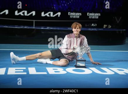 Melbourne, Australia. 28th Jan, 2024. Jannik Sinner of Italy poses with the trophy after the awarding ceremony for the men's singles at Australian Open tennis tournament in Melbourne, Australia, Jan. 28, 2024. Credit: Wang Shen/Xinhua/Alamy Live News Stock Photo