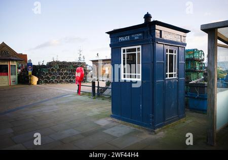 Dr Who type police telephone box on the harbour side at Scarborough Stock Photo