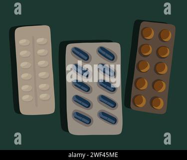 Vector isolated illustration of a set of pills. Different types of tablets in a package. Stock Vector