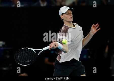 Jannik Sinner in action against Ben Shelton on day seven of the 2024 ...