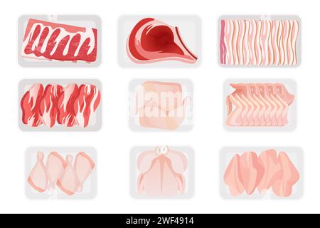 Fresh raw meat in white plastic containers set. Top view of supermarket or butcher shop trays with polyethylene transparent wrap, beef and pork slices, poultry and ham cartoon vector illustration Stock Vector