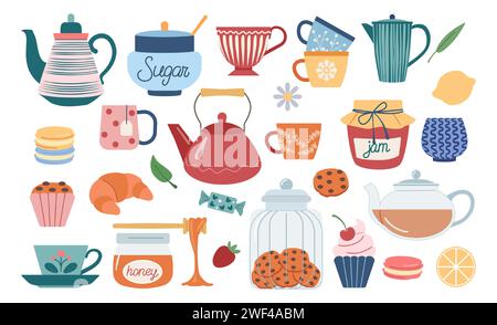 Tea cups. Cute utensil. Ceramic mug with plate. Hot drink or candy biscuits time. Pottery teapot. Jam jar. Cafe tableware. Kettle and cookies container. Sugar and lemon pieces. Vector illustration set Stock Vector