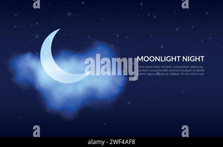 Night sky. Clouds and crescent. Celestial stars constellation. Half moon in dark blue moonlight. Summer light evening scene with romantic starlit glow. Midnight cloudscape. Vector cosmic background Stock Vector