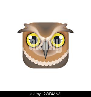 Cute owl face, comic bird head in square shape for mobile app button, animal avatar vector illustration Stock Vector