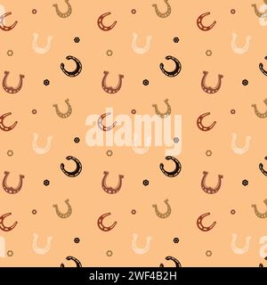 Horseshoe seamless pattern. Cowboy ranch. Horse hoof. Lucky fortune. Equestrian repeated flat print. Horsey shoe. Texas rodeo mustang. Prosperity talisman. Equine footwear. Vector western background Stock Vector