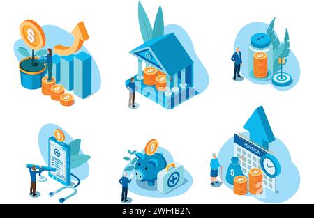 Pension fund. Financial money concept. Health insurance. Private finance investor characters. Piggy bank. Gold coins savings. Investment profit. Cash growth plan. Pensioner income. Banking vector set Stock Vector