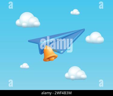 3D plane. Airplane telegram flying in clouds. Paper aviation in sky. Air transport. Notification bell. Origami aircraft flight. Business or travel news art banner. Mail render icon. Vector background Stock Vector