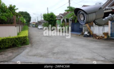 CCTV of security system on blur village house background for design in your safety concept. Stock Photo