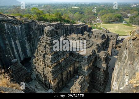 Ellora, India - January 22, 2024: Kailasa Temple in the Ellora Caves complex in the Aurangabad District of Maharashtra, India. Stock Photo