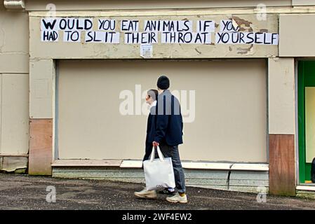 Glasgow, Scotland, UK.  23rd January, 2024. UK Weather: Miserable day reflected in the dystopian streets as locals struggle in a decaying environment. meat is murder graffitti on sauchiehall street. Credit Gerard Ferry/Alamy Live News Stock Photo