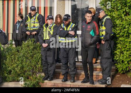 Newport, UK. 28th Jan, 2024. Police on duty during the Newport County AFC v Manchester United FC Emirates FA Cup 4th Round match at Rodney Parade, Newport, Wales, United Kingdom on 28 January 2024 Credit: Every Second Media/Alamy Live News Stock Photo