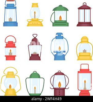 Camp lanterns. Isolated glass lamps with candles. Old lanterns, kerosine lamp vintage style. Travel camping equipment, flat decent vector set Stock Vector