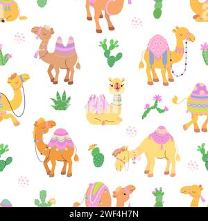 Camel seamless pattern. Cartoon camels fabric print, cute arabian style animals. Decorative design for children with funny characters, nowaday vector Stock Vector