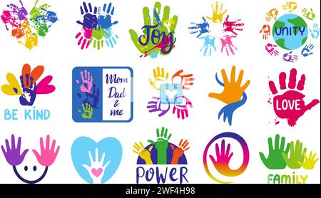 Colorful handprints design. Different logo with palm prints. Family and relationship, parenthood, friendship and love. Pride month, neoteric vector Stock Vector