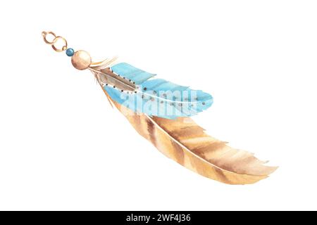 Watercolor composition from pale blue feathers and beads isolated on ...