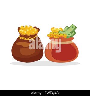 Money bag with money, coin and gold bar. Stack of shiny gold bars or ingots and money bag with coins. Business concept. Icon for web, games, apps Stock Vector