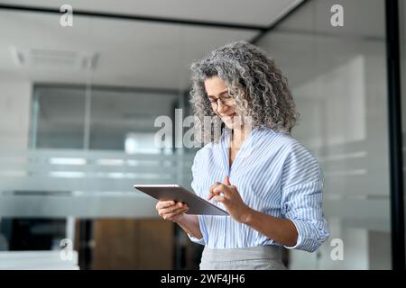 Smiling older professional business woman using tab computer in office. Stock Photo